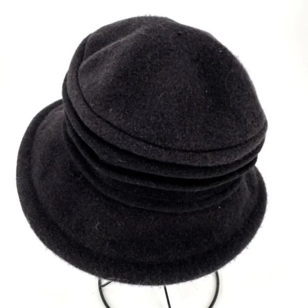 Parkhurst 100% Wool‎ Black Lauren Brim Cloche Bucket Ribbed OSFM